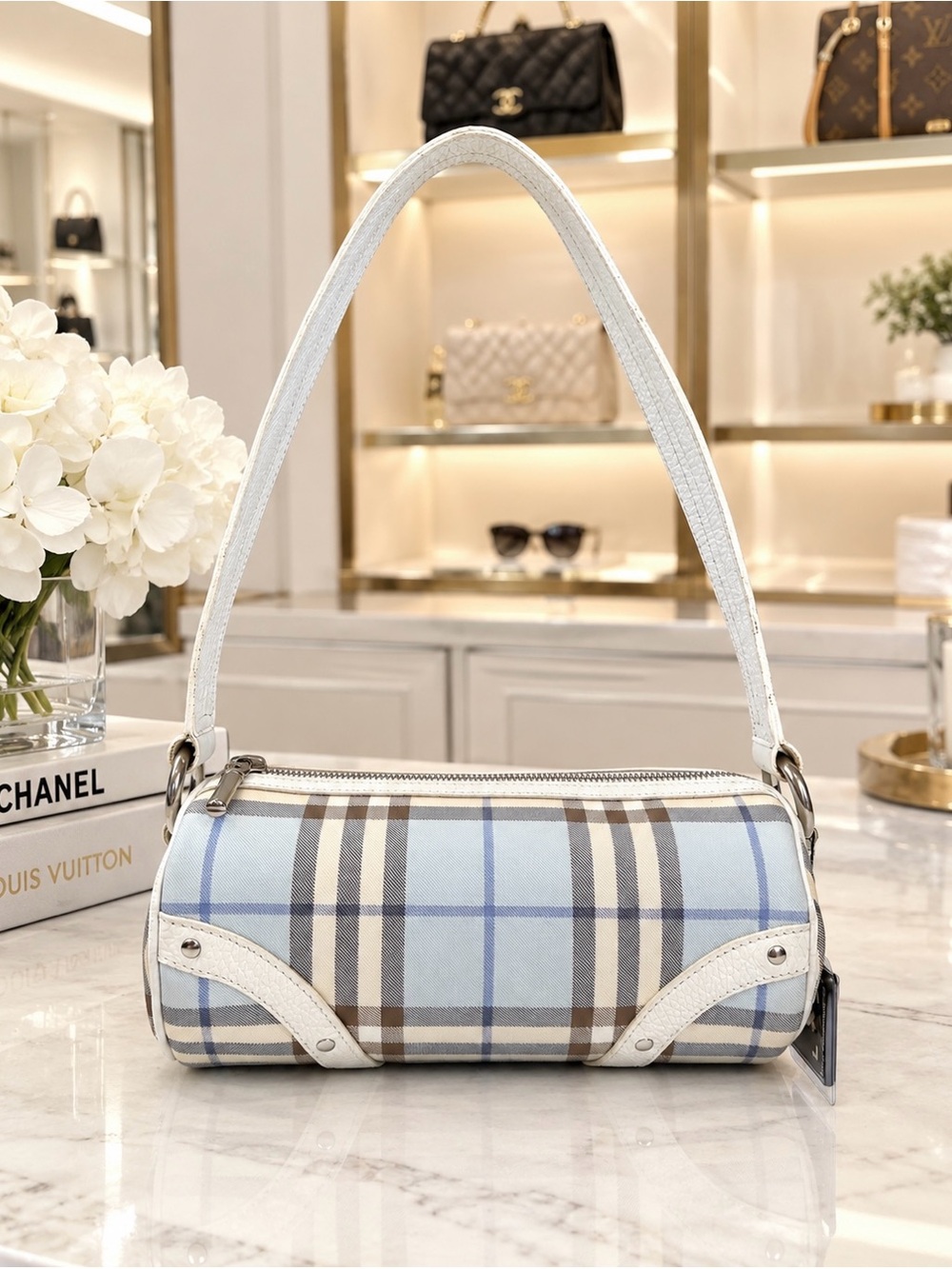 Authentic Vintage Burberry Blue Check Canvas White Leather Barrel Shoulder Bag